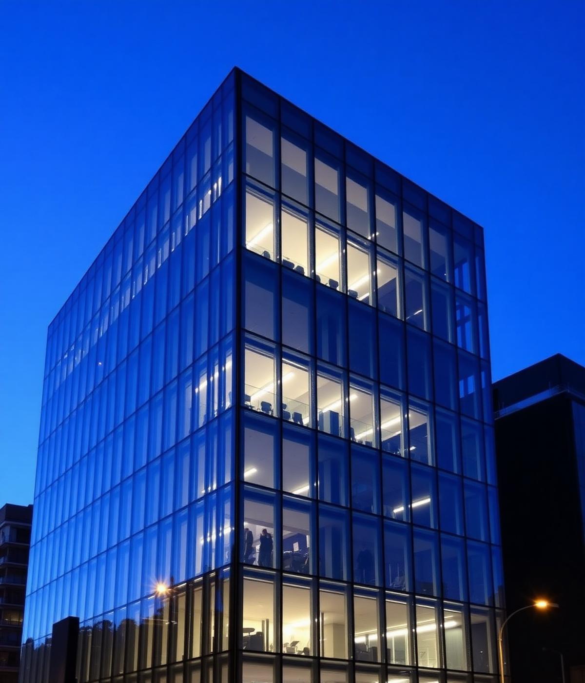 Modern London glass office building at twilight